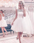 Lace Tulle Jewel Short Wedding Dresses 2020 Summer Beach Satin Wedding Gowns Corset Back